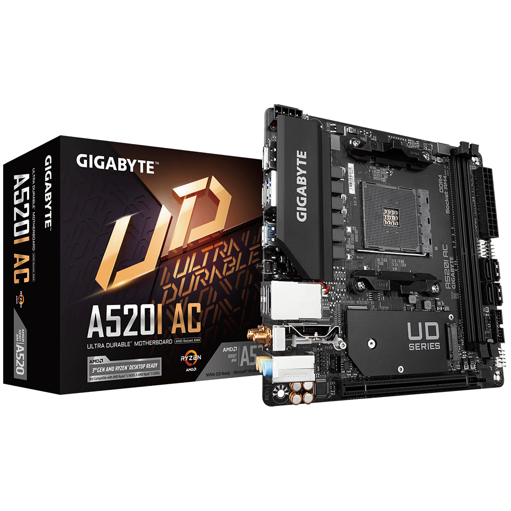 MB GB A520I AC AM4 DDR4 MINI ITX Placa de baza Gigabyte A520I AC AM4 DDR4, 2x sloturi RAM, max. 64GB, frecventa maxima suportata 5300MHz, 1x DisplayPort, 1x HDMI, 1x PCIe x16, 1x