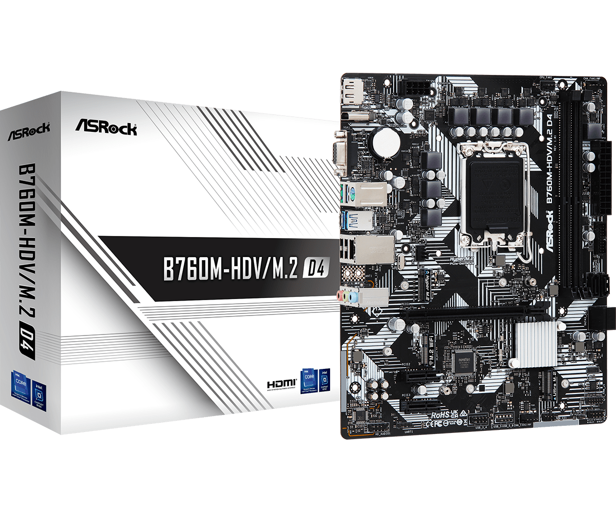 MB Asrock B760M-HDV/M.2 DDR4 Placa de baza Asrock B760M-HDV/M.2 DDR4, 2x DDR4, frecventa maxima 5333MHz, 1x DisplayPort, 1x HDMI, 1x PCIe x16, 2x PCIe x1, 2x M.2, 4x SATA3 6Gbs,