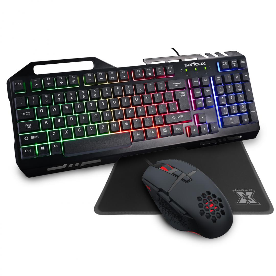 Kit Gaming Serioux Tobis 3 in 1, Tastatura de gaming, 104 taste, 7 taste Anti-ghosting, design slim, iluminare rainbow, structura metalica + taste