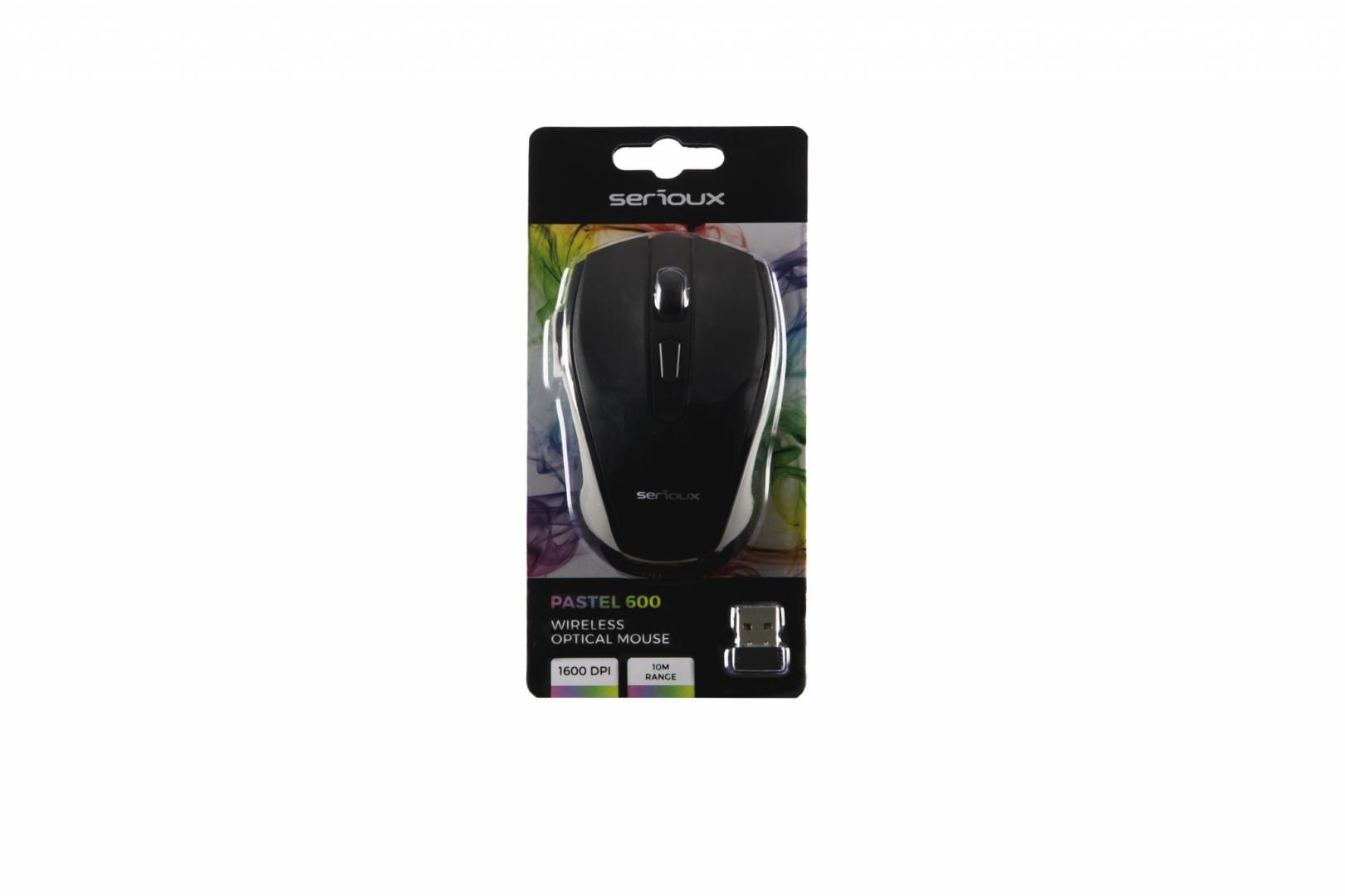 MOUSE SERIOUX PASTEL600 WR BLACK USB Mouse Serioux, Pastel 600, fara fir, USB, senzor optic, distanta de operare; 10m, precizie: 1000/1600DPI ajustabila, 6 butoane, 2x baterie AAA,