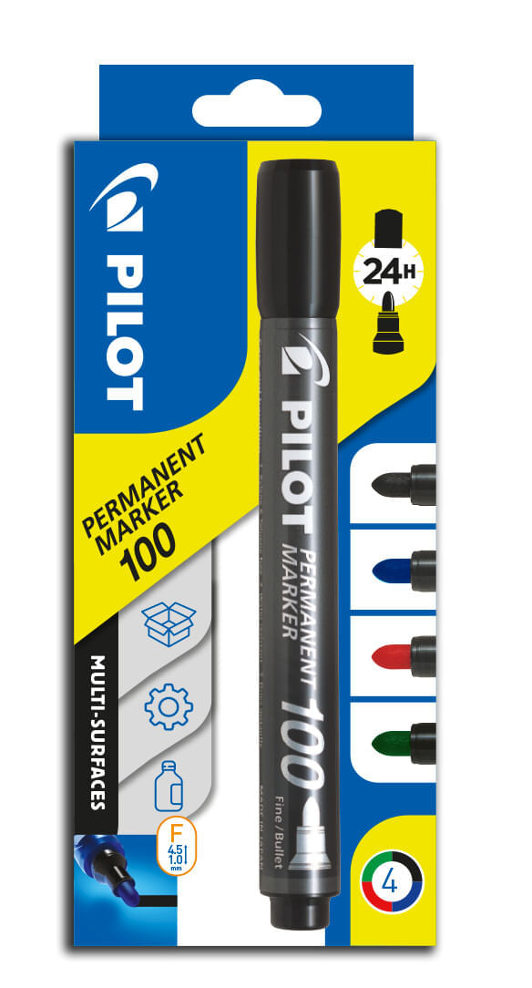 markere pe bază de alcool Set 4 markere permanente Pilot P100 diverse culori 1.00 mm varf rotund