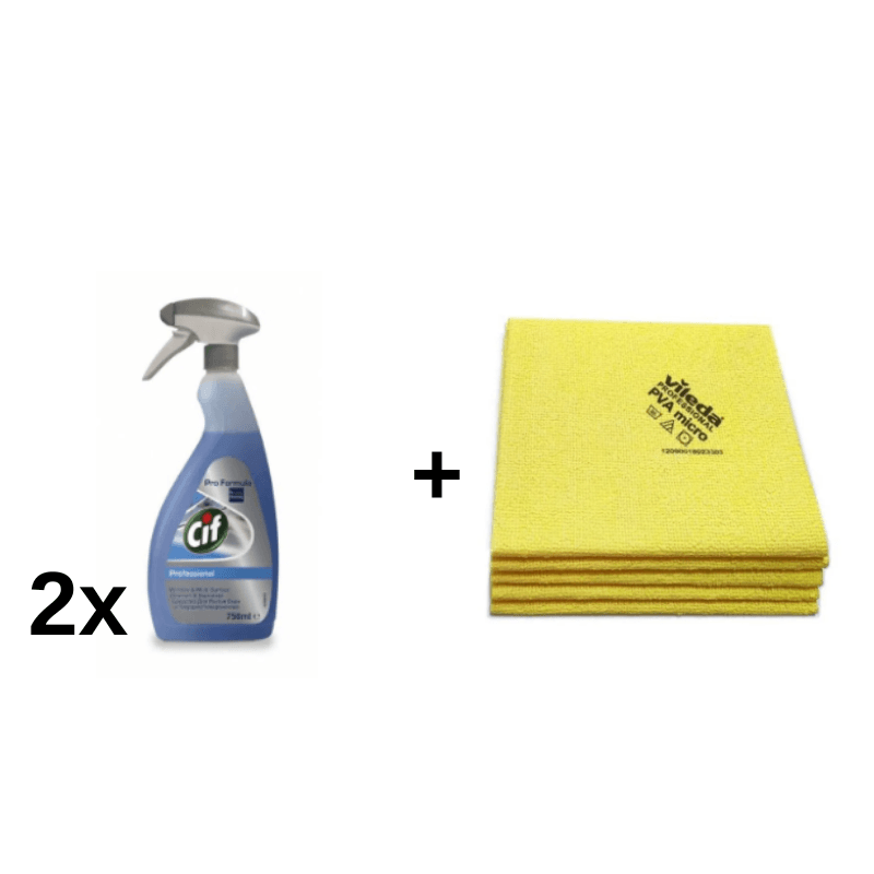 Pachet 2x detergent pentru geamuri CIF + lavet microfibr Vileda