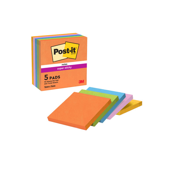 Notite adezive Post-it Super Sticky NeoN asortate 76 mm x 76 mm 90 file 5 bucati/pachet Notite adezive 3M Post-It Super Sticky neon asortate